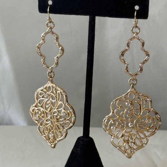 Elegant Gold Filigree Dangle Earrings Rhinestone Accents 3.25” Statement Glamour - Picture 8 of 8